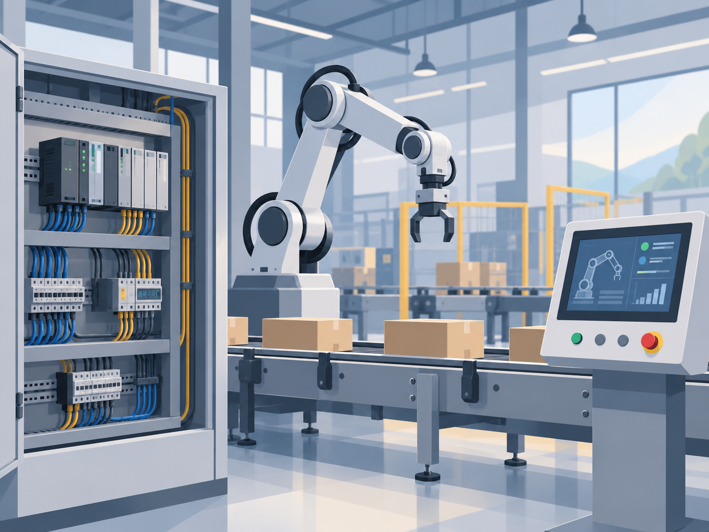 Ipari automatizálás — PLC vezérlőszekrény és ipari robotkar